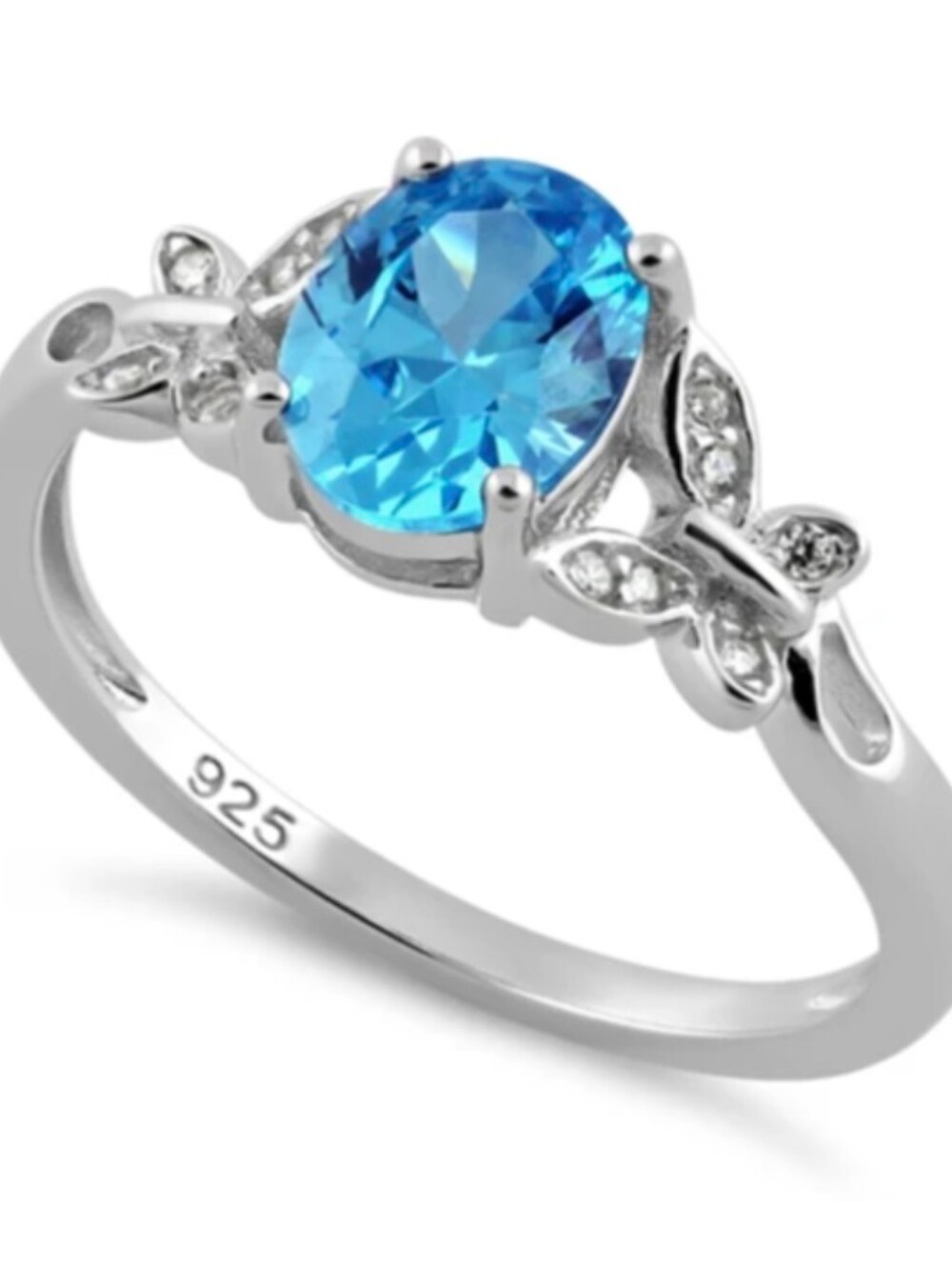 Sterling Silver 925 Butterfly Aqua Cubic Zirconia Ring Size 6 NWT